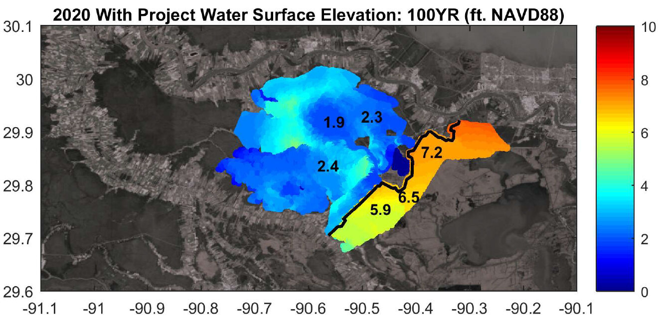 100-year surge in 2020 with Upper Barataria levee